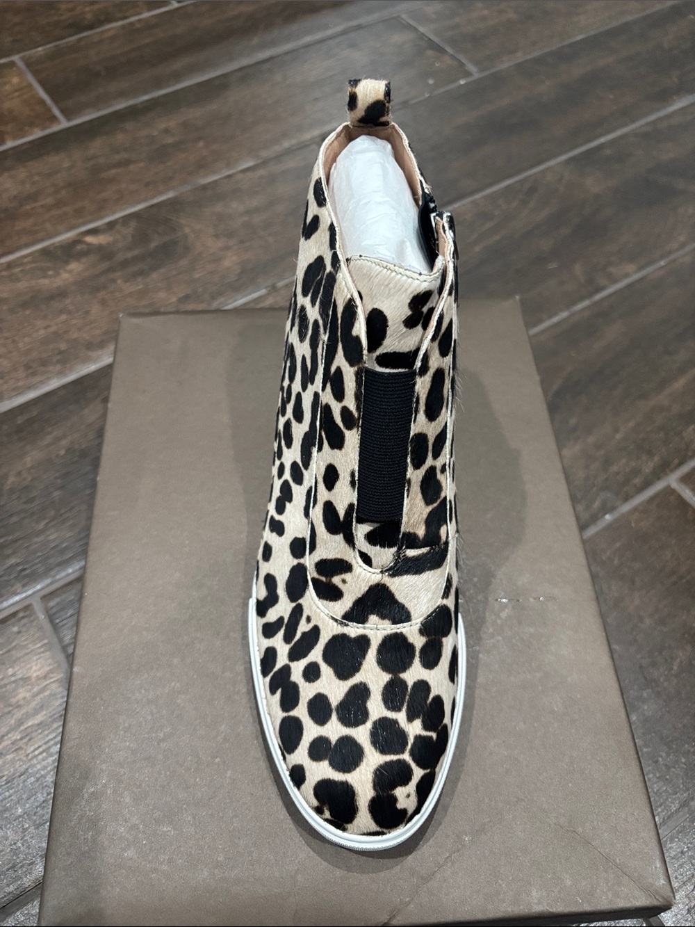 New‼️ Leopard Print Animal Fur Slip-On Ankle Sneaker Boot - Black & Cream